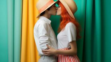 A young woman wearing a hat and clothing embraces her partner, both of them standing in an indoor space bathed in a curtain of passionate emotion, AI Generative photo