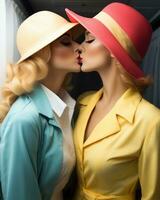 Two stylish women, wearing contrasting yellow fedoras, lovingly embrace in a passionate kiss, AI Generative photo