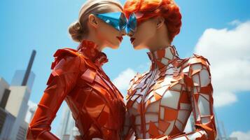 Two confident women pose confidently outdoors, their colorful clothing and accessories like sunglasses and goggles creating a vibrant sky-high style, AI Generative photo