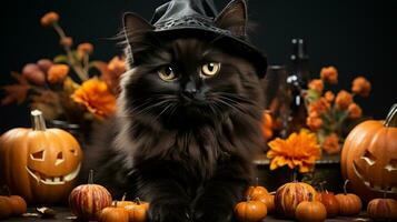 On halloween, a playful cat around a pumpkins and hat, basks in the warm indoor light, bringing a unique sense of joy and connection with nature to the home, AI Generative photo