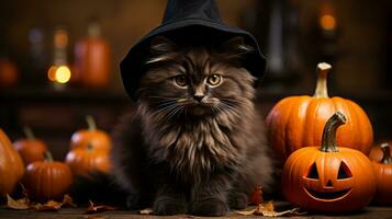 A cat wearing a hat and pumpkins, AI Generative photo