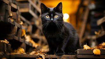 en un crujiente otoño día, un pulcro negro felidae con luminoso ojos y suave bigotes se sienta encima un de madera superficie, sus presencia radiante un salvaje, salvaje belleza, ai generativo foto