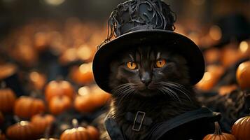 en Víspera de Todos los Santos noche, un dañoso gato vestido en un parte superior sombrero y prenda hecho de calabaza y otro vegetales delicias en sus estado como ambos un amado animal y escalofriante mamífero, ai generativo foto