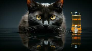 A sleek black feline with piercing eyes stares from the comfort of its indoor resting spot, its soft fur and whiskers a gentle reminder of its place in the majestic animal kingdom, AI Generative photo