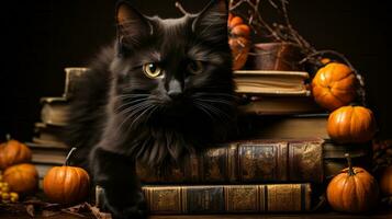 A cat lying on a stack of books, AI Generative photo