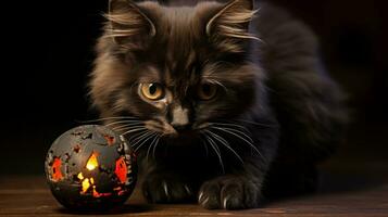 un negro gato con espasmos bigotes miradas inquisitivamente a el bailando fuego de el iluminado vela, sus reflexivo ojos reflejando el amable ligero de el mamíferos interior hábitat, ai generativo foto