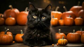 On a cool, autumn night, a mysterious black cat sits beside a pile of bright orange pumpkins, a reminder of the coming of halloween and the beauty of nature's harvest, AI Generative photo