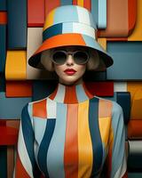 A stylish woman stands out in a crowd, her colorful outfit and stylish sunglasses making a bold statement of fashion and self-expression, AI Generative photo