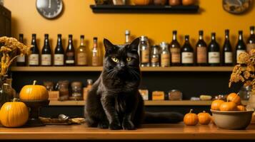 On halloween, a mysterious black cat sits perched atop a counter filled with small pumpkins, creating a hauntingly beautiful scene of felidae and squash amidst a cozy indoor shelf, AI Generative photo