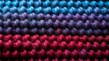 A vibrant combination of red, violet, and magenta yarn weaves together to create a striking fabric pattern, perfect for crafting unique clothing, AI Generative photo