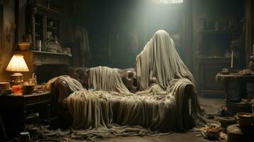 A ghost shrouded in white cloth sits solemnly in a dimly-lit room, illuminated by the eerie light of a solitary lamp, evoking a sense of stillness and mystery, AI Generative photo