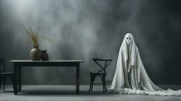 On a foggy night, an ethereal white ghost statue sits atop a table in an otherwise empty room, shrouded in a mysterious white cloth, evoking a feeling of eerie stillness, AI Generative photo