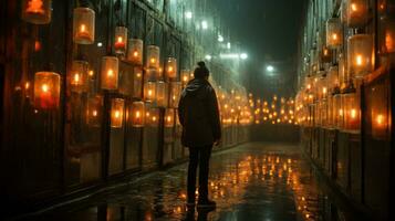 un solitario figura soportes en un ciudad calle, iluminado por el amable ligero de calle lamparas y empapado de lluvia reflexiones, envuelto en misterio y anticipación, ai generativo foto