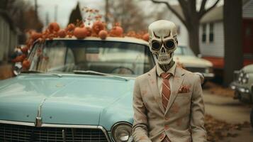 A solitary skeleton in a tailored suit and tie stands silently outside a car, the grille and hood of the vehicle looming over them like a protective guardian, AI Generative photo