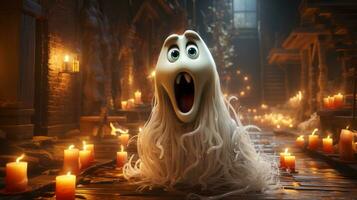 A cartoon character stands in a soft glow of candlelight, their long white hair cascading down and their mouth open in awe, AI Generative photo