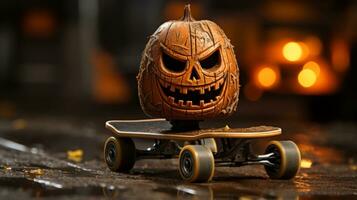 A mischievous pumpkin zooms down the street, its wheels whirring and carving a path of adventure and excitement as it careens across the ground, AI Generative photo