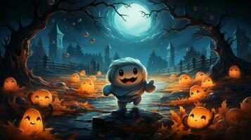 A whimsical cartoon character races along a winding path strewn with halloween pumpkins, their vibrant colors and shapes creating a lively atmosphere, AI Generative photo