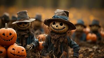 On halloween night, a festive group of scarecrows with vibrant pumpkins atop their heads stand watch over a vegetable patch, their presence evoking a feeling of warmth, AI Generative photo