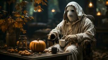 On a crisp autumn day, a ghost dressed in a festive pumpkin-inspired garment enjoys a warm cup of coffee while embracing the colorful spirit of halloween, AI Generative photo