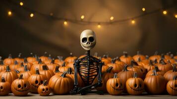 A skeleton sitting in front of pumpkins, AI Generative photo