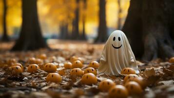 un blanco fantasma con un sonriente cara rodeado por naranja pelotas, ai generativo foto