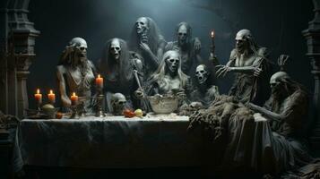 A hauntingly beautiful sculpture of skeletons gathered around an altar adorned with a candle and statues, evoking a sense of both death and artistry, AI Generative photo