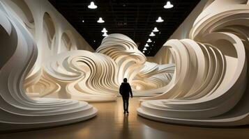 A solitary figure stands in awe, surrounded by a mesmerizing art installation of graceful white spirals, inviting them to explore the beauty of the indoor space, AI Generative photo