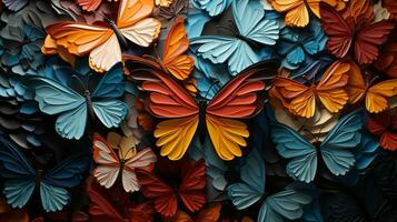 A captivating art piece depicting a swirling kaleidoscope of paper butterflies, painted leaves, and autumnal hues creates a dreamlike scene that is both ethereal and beautiful, AI Generative photo