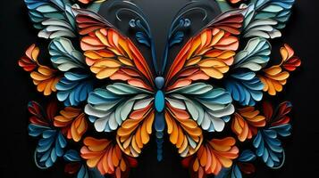 A delicate paper butterfly, lovingly crafted with vibrant flowers and imaginative artistry, flutters across the sky, evoking a sense of wonder and joy, AI Generative photo