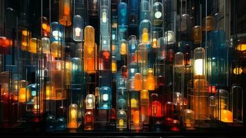 A kaleidoscope of amber lights glimmers against the glass of the shapes, painting a breathtaking reflection on the city streets at night, AI Generative photo