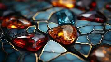 An array of vibrant glass gemstones sparkle and shimmer in the warm indoor light, creating an eye-catching display of color and beauty, AI Generative photo