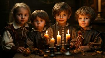 A group of children in brown clothes with candles, AI Generative photo
