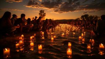 At sunset, a group of people gathered outdoors beneath a sky of clouds, the heat of the day giving way to the flickering light of their candles floating in the water, AI Generative photo