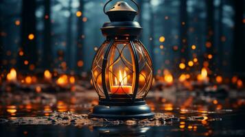 On a starry night, the warm glow of the candle flickering in the lantern creates a peaceful ambiance, inspiring feelings of wonder and serenity, AI Generative photo