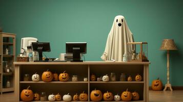 A ghost in a stylish garment stands in front of an indoor display of vibrant pumpkins, creating a spooky halloween atmosphere with the furniture, walls, shelves, and desk, AI Generative photo