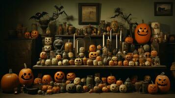 A vibrant array of halloween-inspired pumpkins adorns a shelf, creating a playful and inviting display perfect for trick-or-treaters of all ages, AI Generative photo