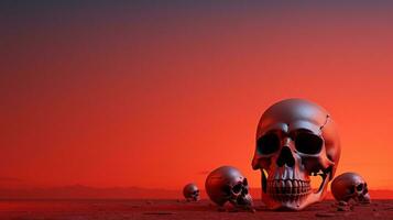 A vibrant sunset paints the sky in a myriad of colors, creating a stunning backdrop for the lonely skull resting on the ground, a reminder of the beauty and fragility of life, AI Generative photo