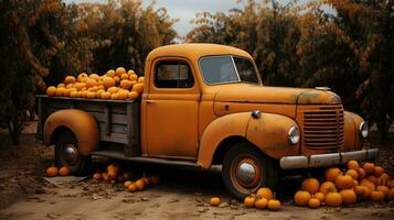 A rusty old truck, parked in a quiet outdoor setting, is filled to the brim with ripe oranges and pumpkins, its tires slowly sinking into the ground below, AI Generative photo