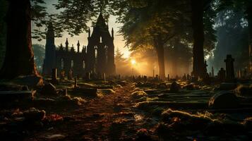 In a surreal landscape of fading light and fog, an ancient graveyard filled with solemn trees and a haunted church stands as a reminder of the impermanence of life, AI Generative photo