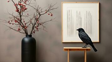 A black crow sits atop a vase, its dark silhouette contrasting with the vibrant painting on the wall, a reminder of the beauty of nature that exists even indoors, AI Generative photo