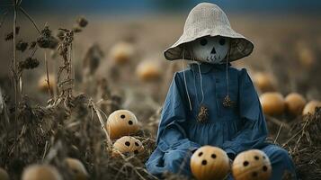 A playful scarecrow stands tall among the vibrant pumpkins in a lush field of grass, its bright hat and colorful clothes bringing joy and whimsy to the outdoor scene, AI Generative photo