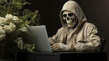 A skeleton wearing a hoodie and sitting at a desk with a laptop, AI Generative photo