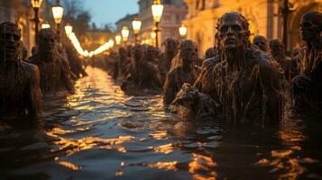 Under the light of the streetlamps, a wild and dynamic group of zombies splash and laugh in the cool night air, embracing the outdoor water as one, AI Generative photo