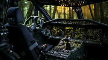 Abandoned airplane cabin in the woods, after the plane crash, AI Generative photo