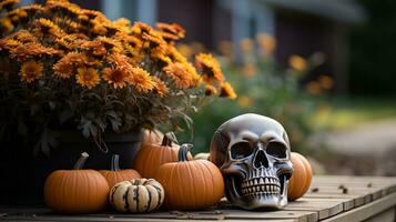 A haunting tableau of a skull surrounded by colorful pumpkins captures the spirit of the autumn season, invoking both dread and beauty, AI Generative photo