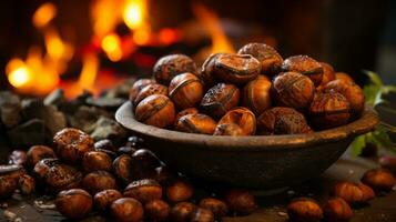 As the crackling fire illuminated the chestnuts, buckeyes, and other nuts in the bowl, the sweet aroma of freshly cooked food filled the room, creating a comforting atmosphere, AI Generative photo