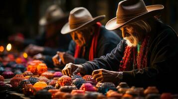 un pandilla de escabroso hombres en vaquero sombreros paso abajo el bullicioso calle, un rígido contraste a el vistoso mercado establos y al aire libre atmósfera, ai generativo foto