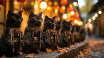 In the soft light of the candle, a group of cats stand outdoors, each wearing their own unique outfit, displaying their individual personalities and a wild sense of fashion, AI Generative photo