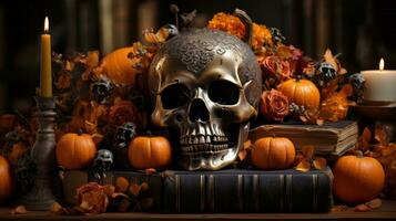 A skull and pumpkins on a book, AI Generative photo