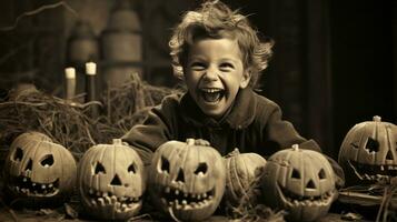 A wide-eyed child grins gleefully in the warm, candle-lit room, surrounded by lovingly carved pumpkins, embracing the joy of halloween, AI Generative photo